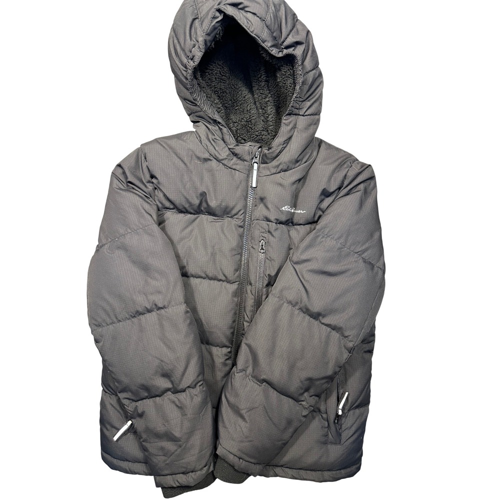 Eddie Bauer Kids Puffer Jacket Hooded Sherpa Lined Black Size‎ Medium 10-12 Hood